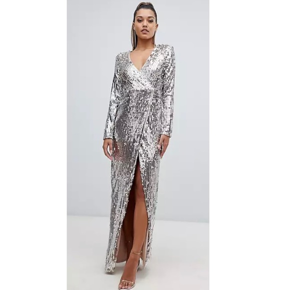 Club L Dresses Club L London Fully Embellished Silver Sequin Wrap